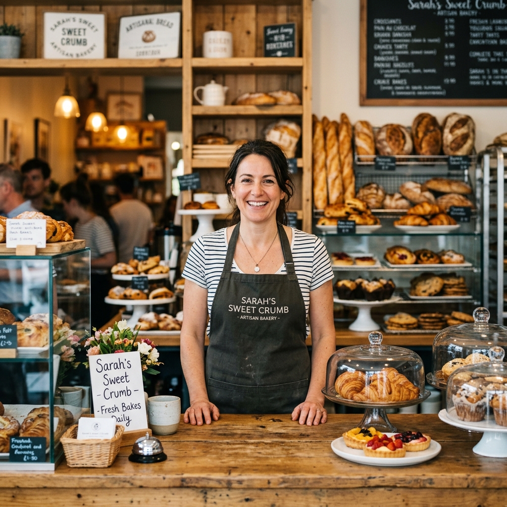 Bakery owner standing proudly by checkout